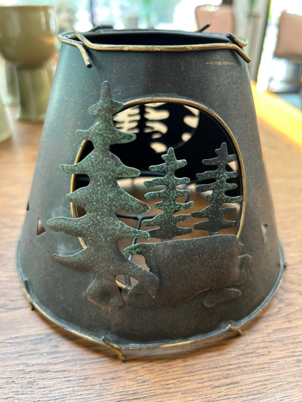 Rustic Metal Pine Trees candle shade - Brown. Cutout, 3 dimensional, like moon.